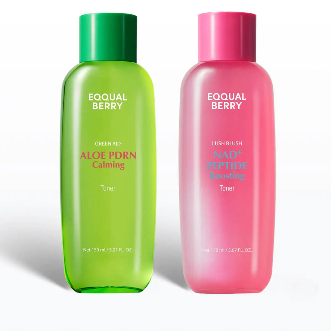 Two bottles of Equal Berry toners, one green and one pink, on a white background.