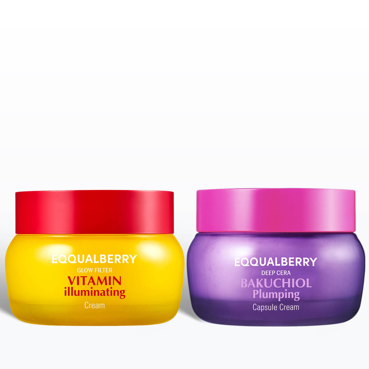 Two skincare cream jars, one yellow and one purple, with colorful lids on a white background.