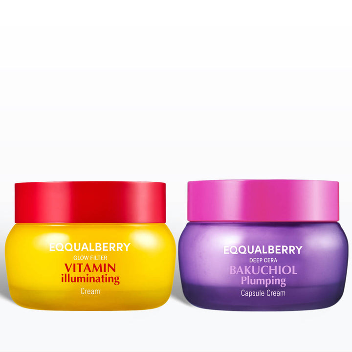 Two skincare cream jars, one yellow and one purple, with colorful lids on a white background.