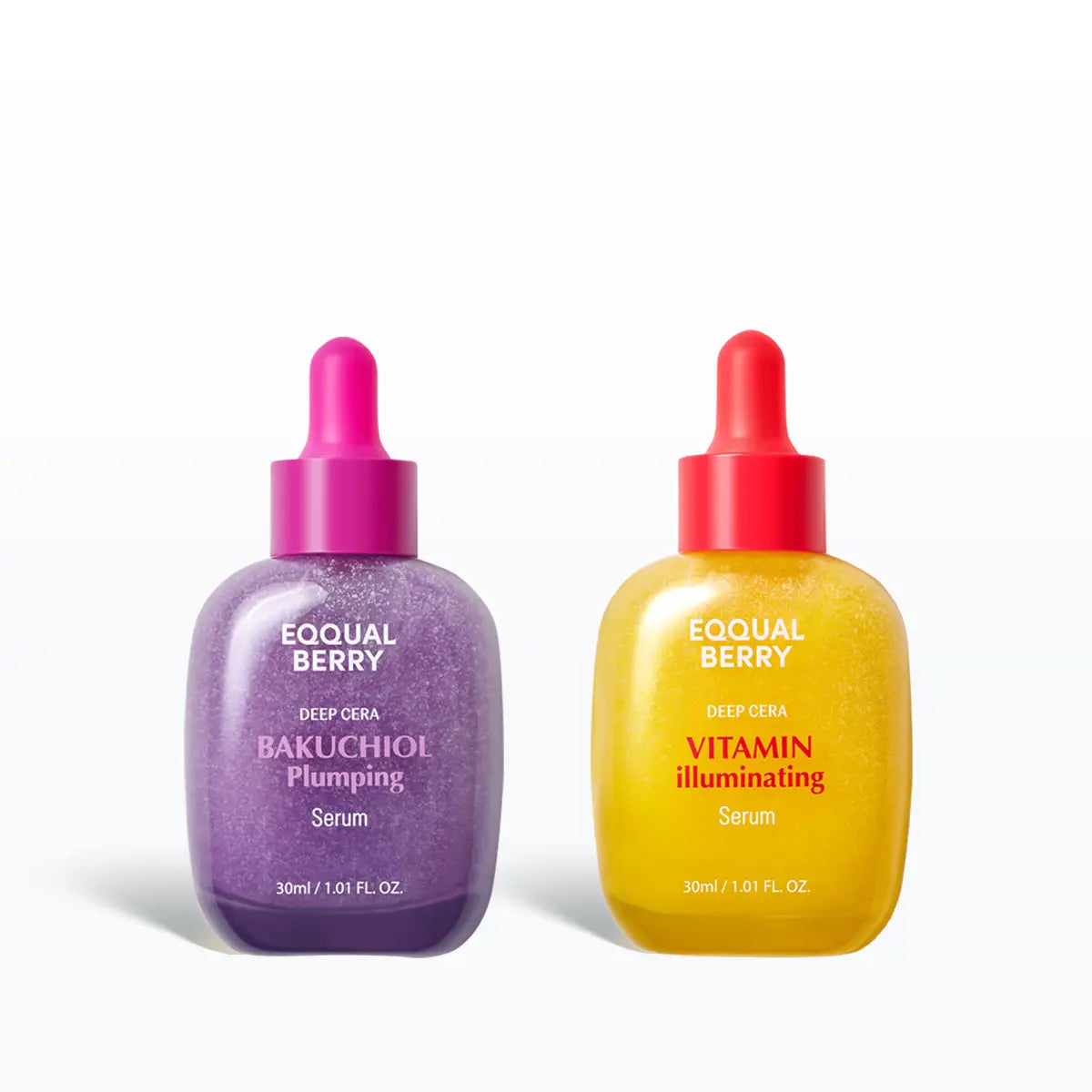 Two skincare serum bottles, one purple and one yellow, with colorful caps on a white background.