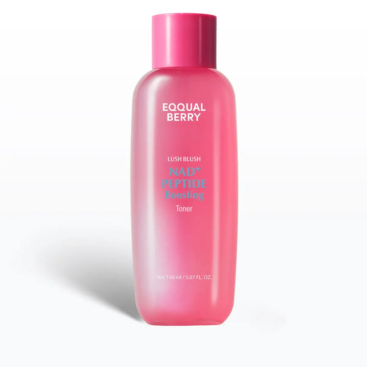 Pink bottle of Eqqualberry NAD+ Peptide Boosting Toner on a white background