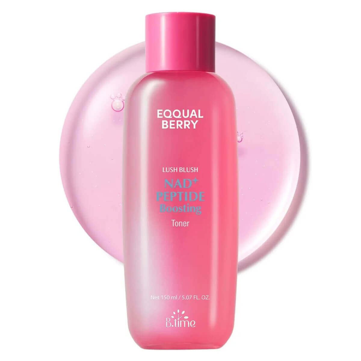 Eqqualberry NAD+ Peptide Boosting Toner bottle on a soft pink background, promoting hydration and skin barrier strength.
