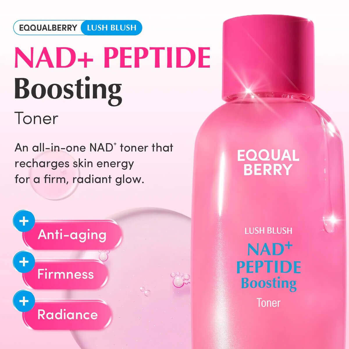 Eqqualberry NAD+ Peptide Boosting Toner with anti-aging properties for firm, radiant skin.