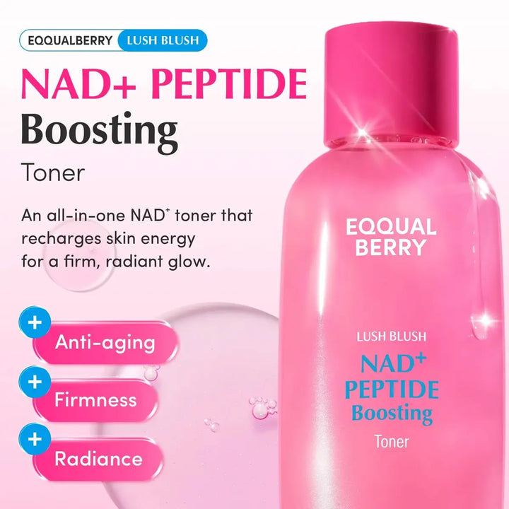Pink bottle of Eqqualberry NAD+ Peptide Boosting Toner with text on a white background