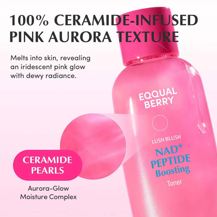 Eqqualberry NAD+ peptide toner bottle showcasing ceramide-infused pink texture for radiant skin.