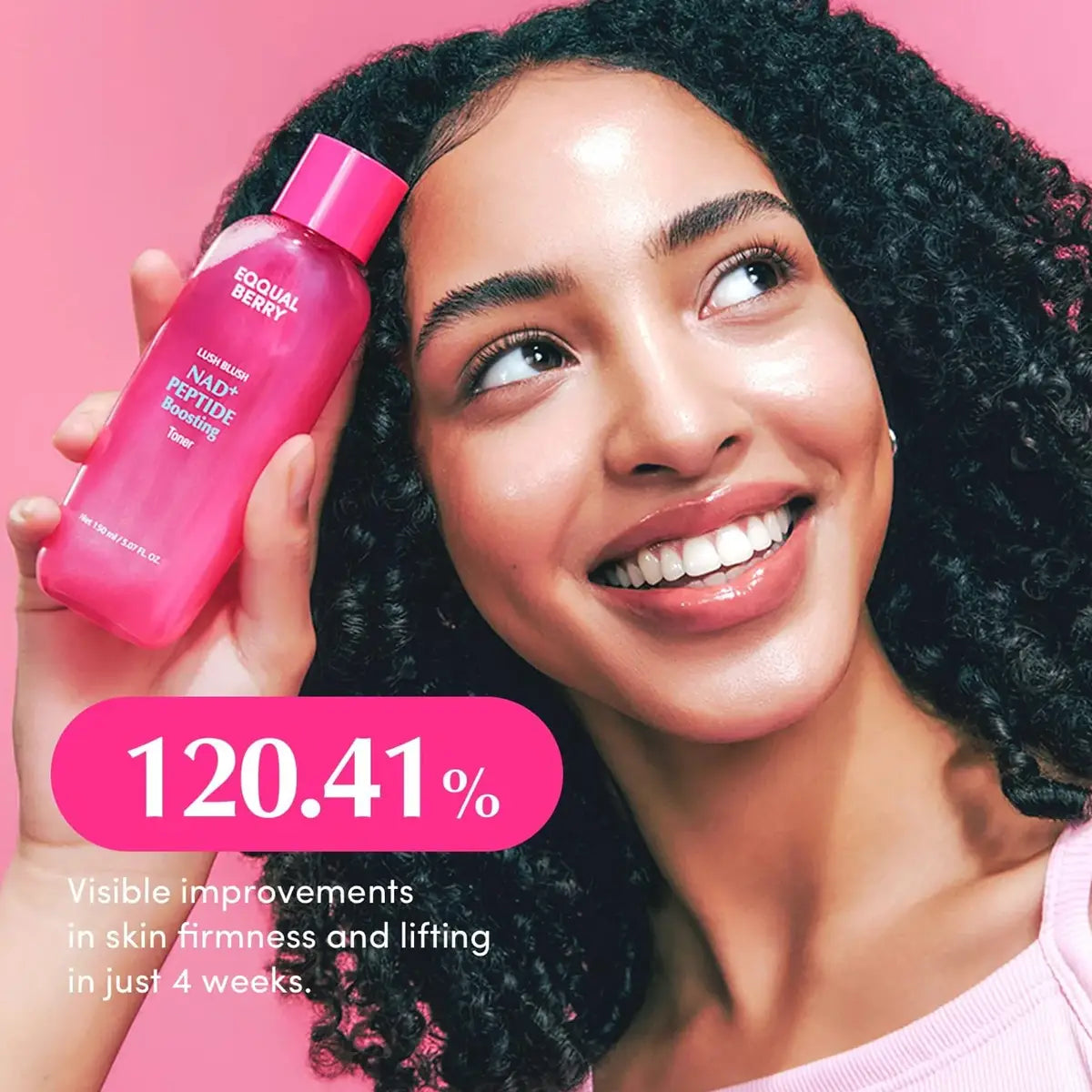 Woman holding a Eqqualberry NAD+ Peptide Boosting Toner with visible improvements text on a pink background