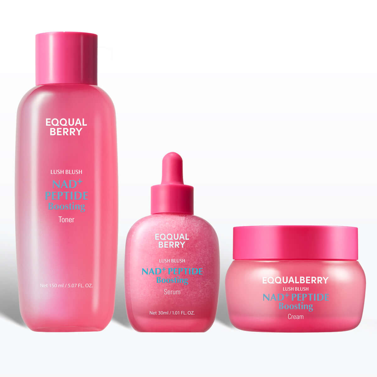 Eqqualberry NAD+ Peptide Boosting Bundle with toner serum and cream for firm youthful skin