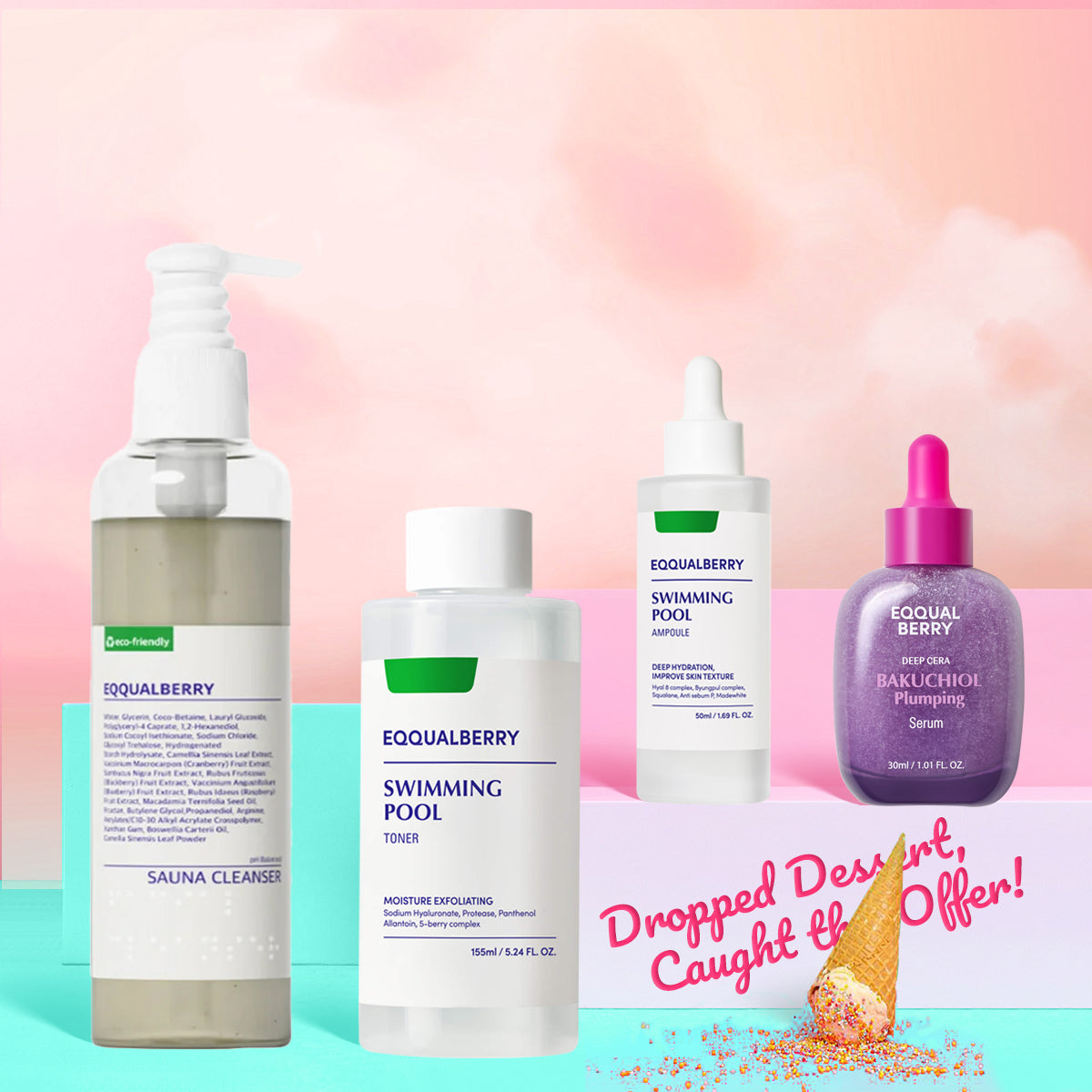 Eqqualberry Plump & Hydrate Bundle - Korean Skincare Set with Cleanser, Toner, Ampoule & Bakuchiol Serum (Dubai, UAE).