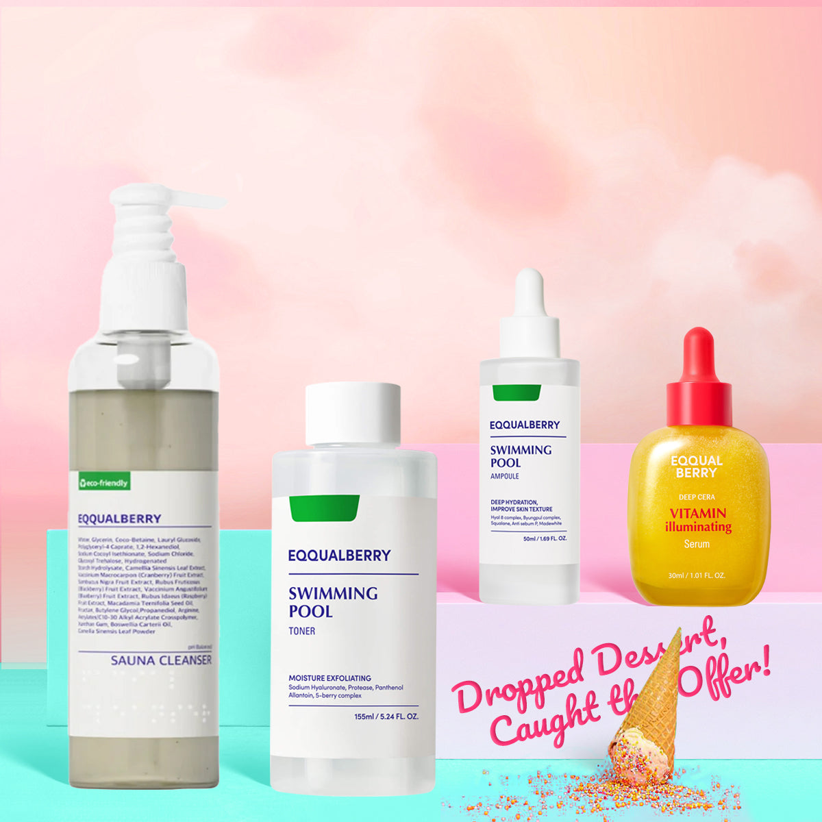 Eqqualberry Radiance & Hydration Bundle - Korean Skincare Set with Cleanser, Toner, Ampoule & Vitamin Illuminating Serum