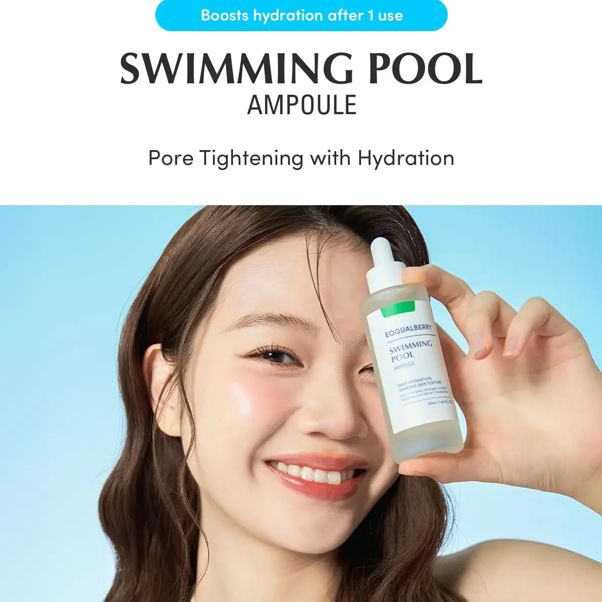 Woman holding a 'Swimming Pool Ampoule' with text about hydration benefits on a blue background