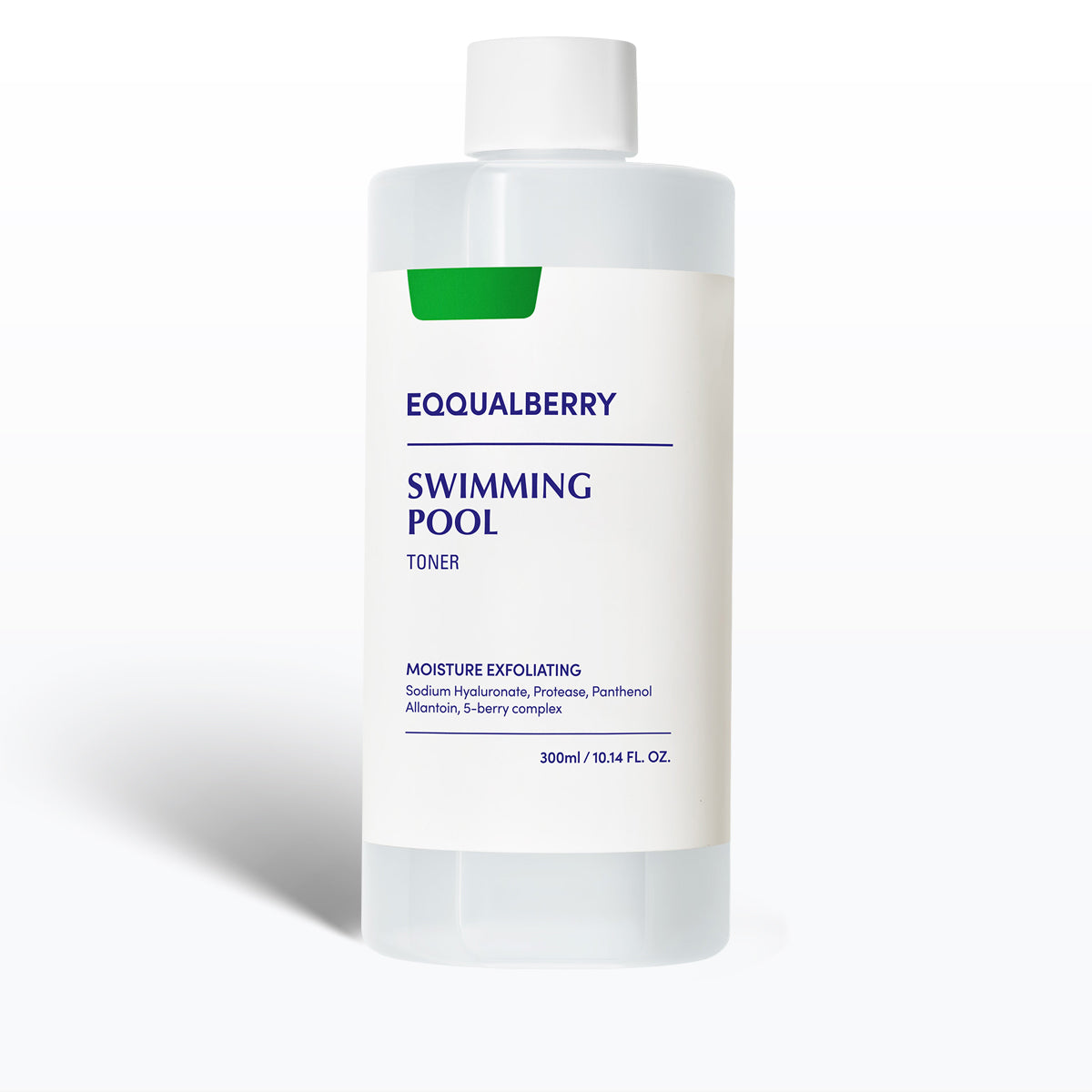 Eqqualberry Swimming Pool Toner bottle displaying moisture-exfoliating formula for skin care in 300ml size.