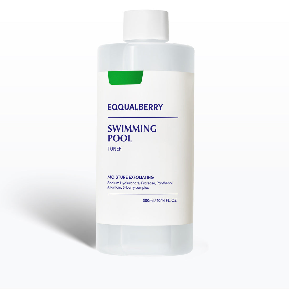 Eqqualberry Swimming Pool Toner bottle displaying moisture-exfoliating formula for skin care in 300ml size.