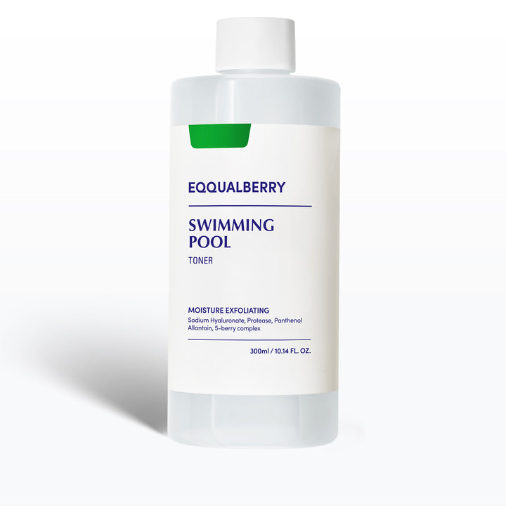 Eqqualberry Swimming Pool Toner bottle displaying moisture-exfoliating formula for skin care in 300ml size.