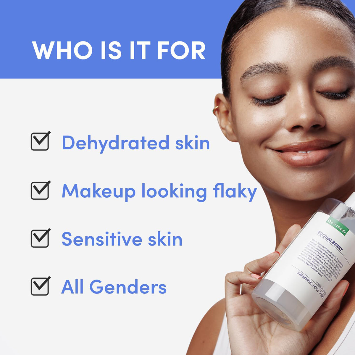 EQQUALBERRY Swimming Pool Toner – Korean hydrating toner for dry, tired, and dehydrated skin. Skin Type