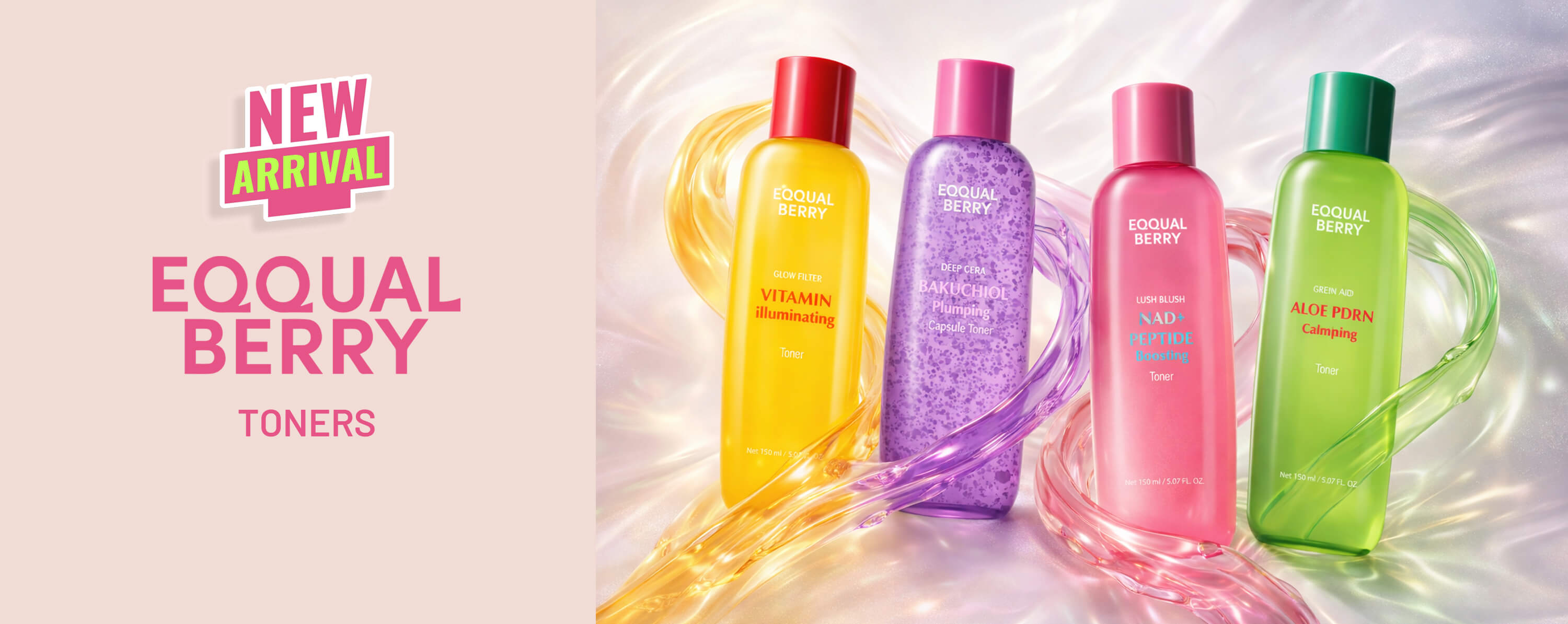 Four bottles of Eo Equal Berry toners in different colors on a light pink background.