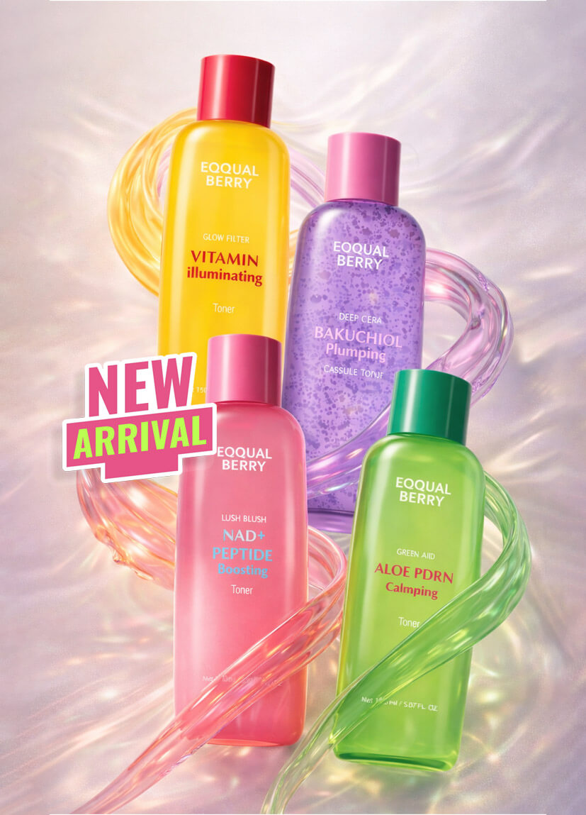Four bottles of Equal Berry skincare products on a gradient background with 'New Arrival' text.
