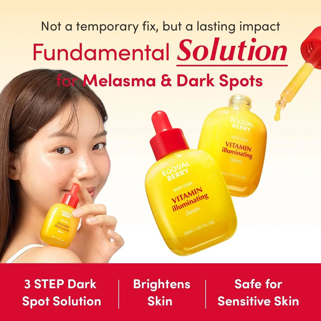 Advertisement for a dark spot solution with a woman holding a bottle, set against a red and yellow background.