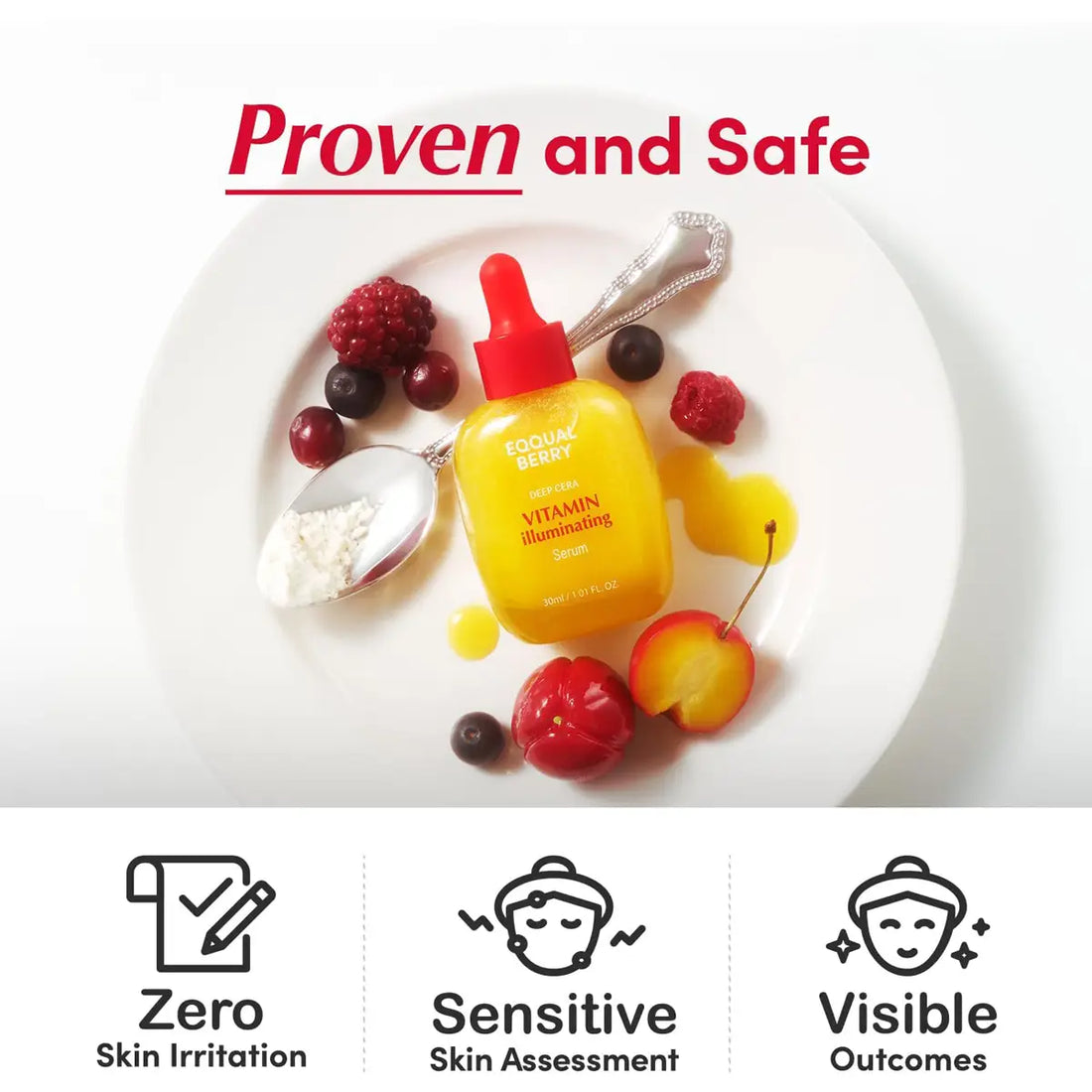 Yellow bottle with red cap surrounded by fruits on a white plate, labeled 'Proven and Safe'.