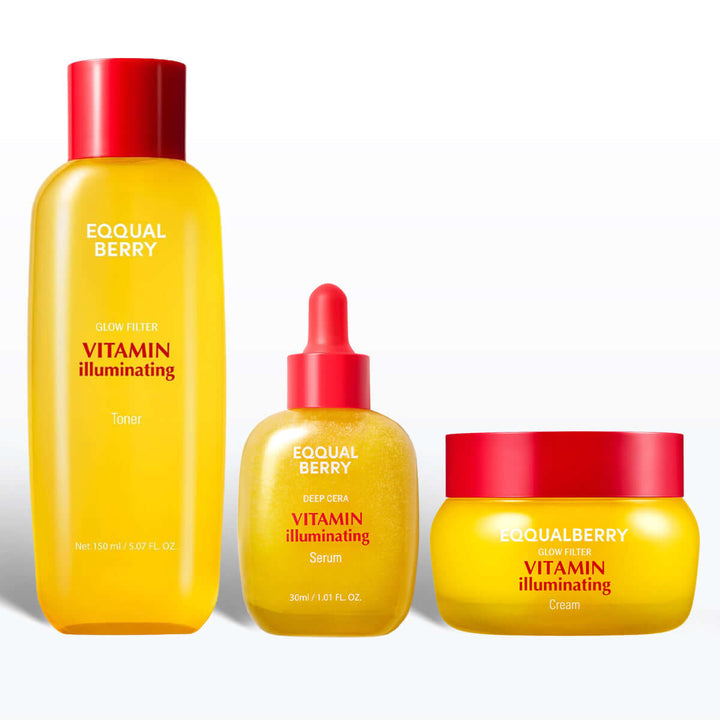 Set of skincare products from Eqqualberry with yellow bottles and red caps on a white background