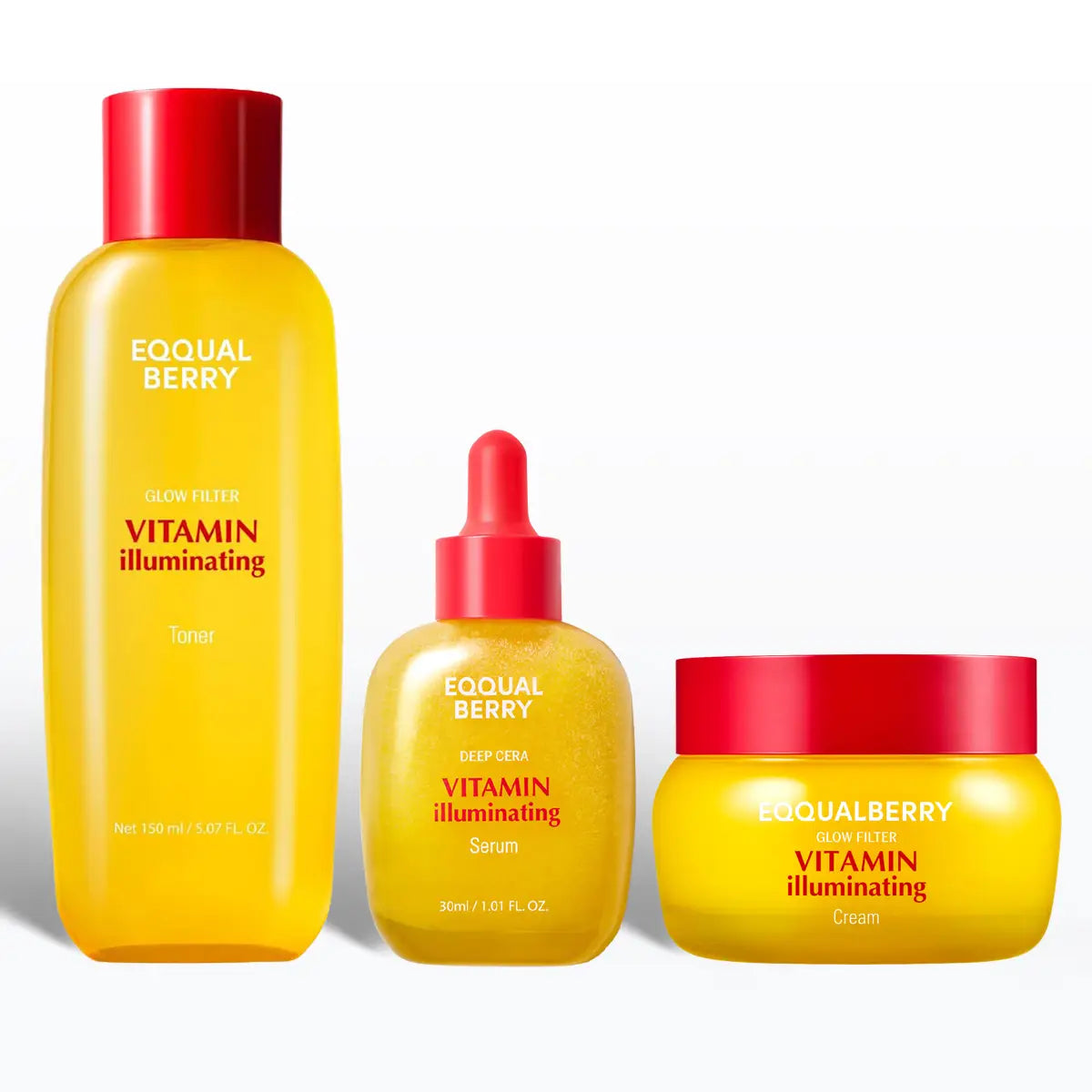 Set of Equallberry skincare products including a toner, serum, and cream on a white background.