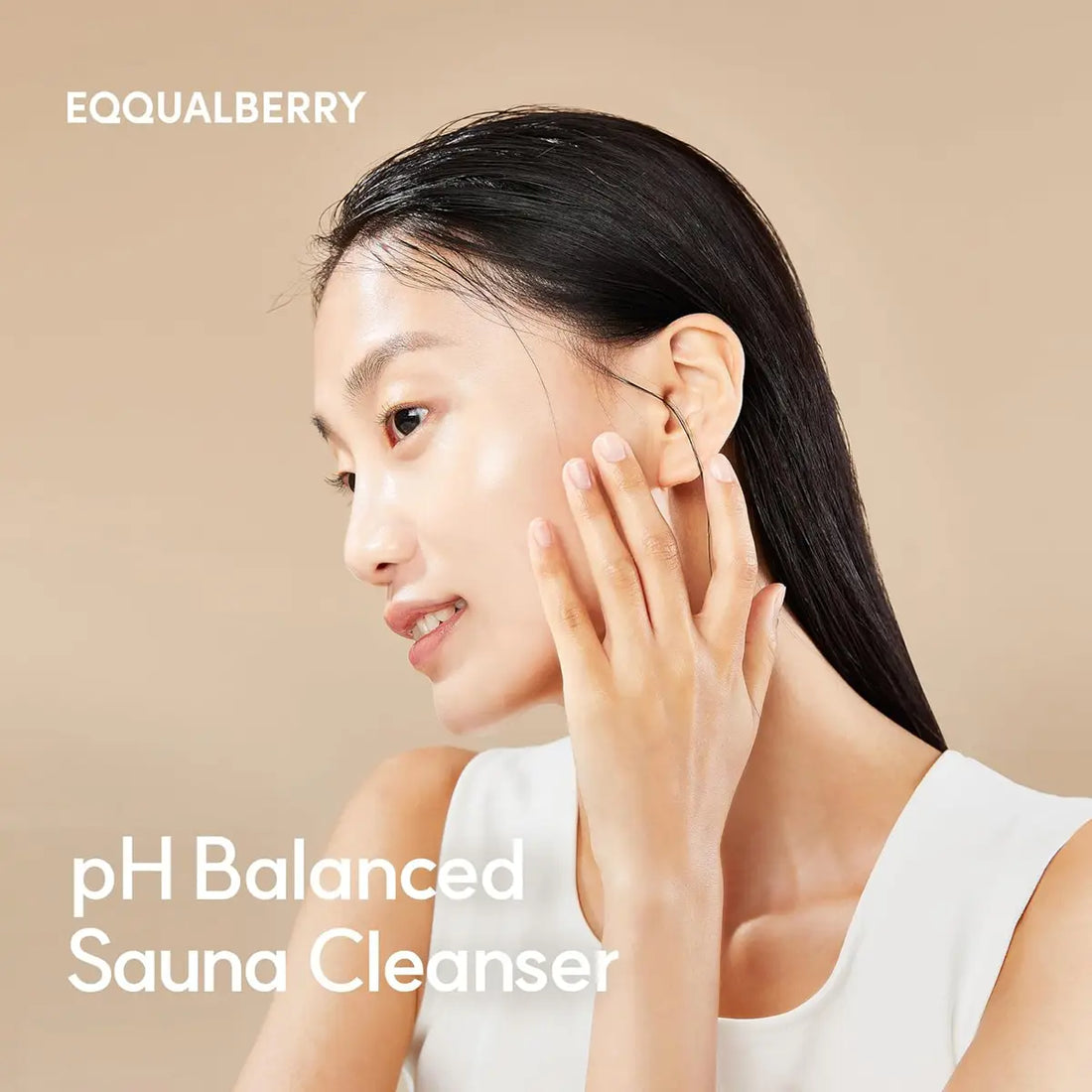 Woman touching her ear with a beige background and 'Eqqualberry' branding.