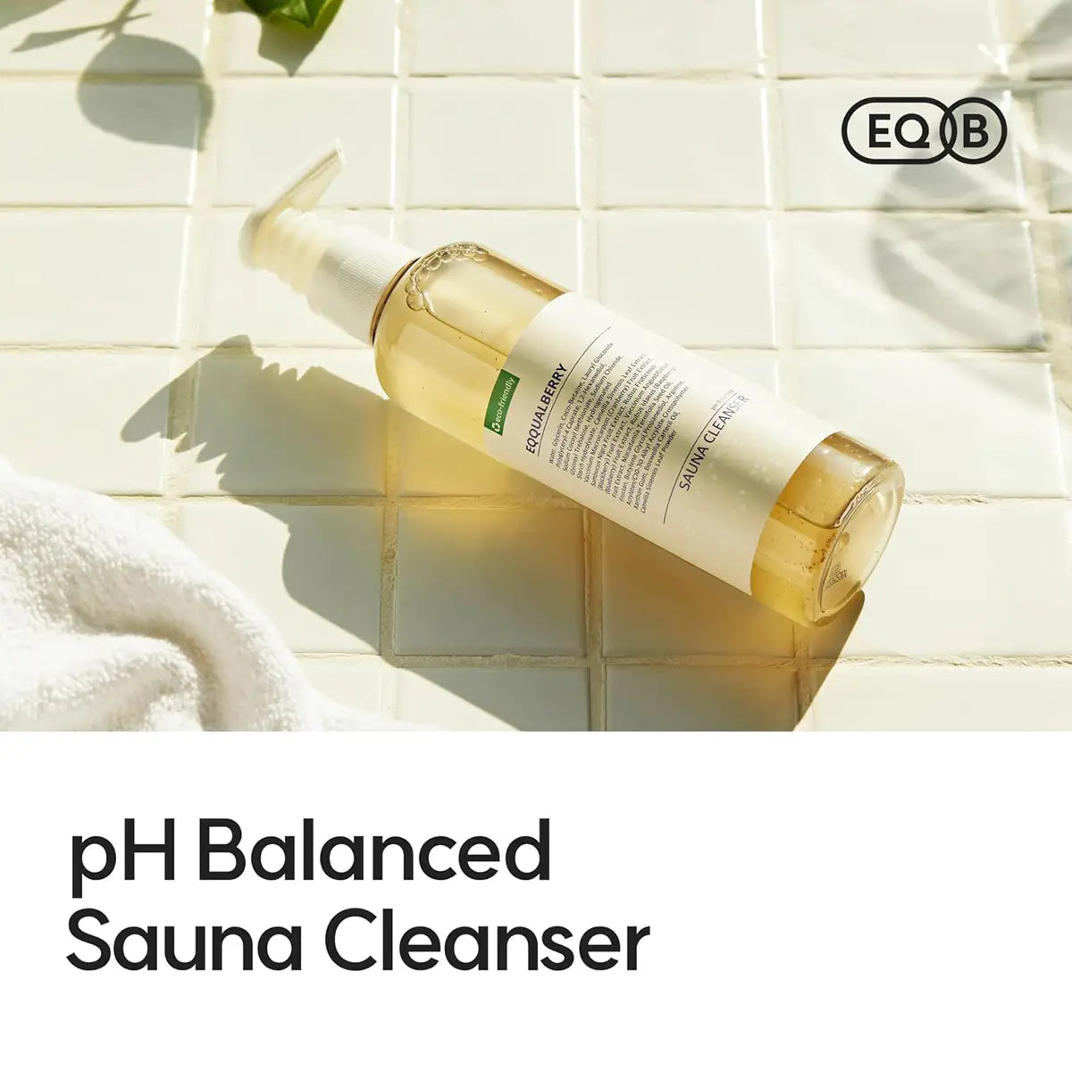 pH Balanced Sauna Cleanser bottle on a tiled surface with Eqqualberry branding.