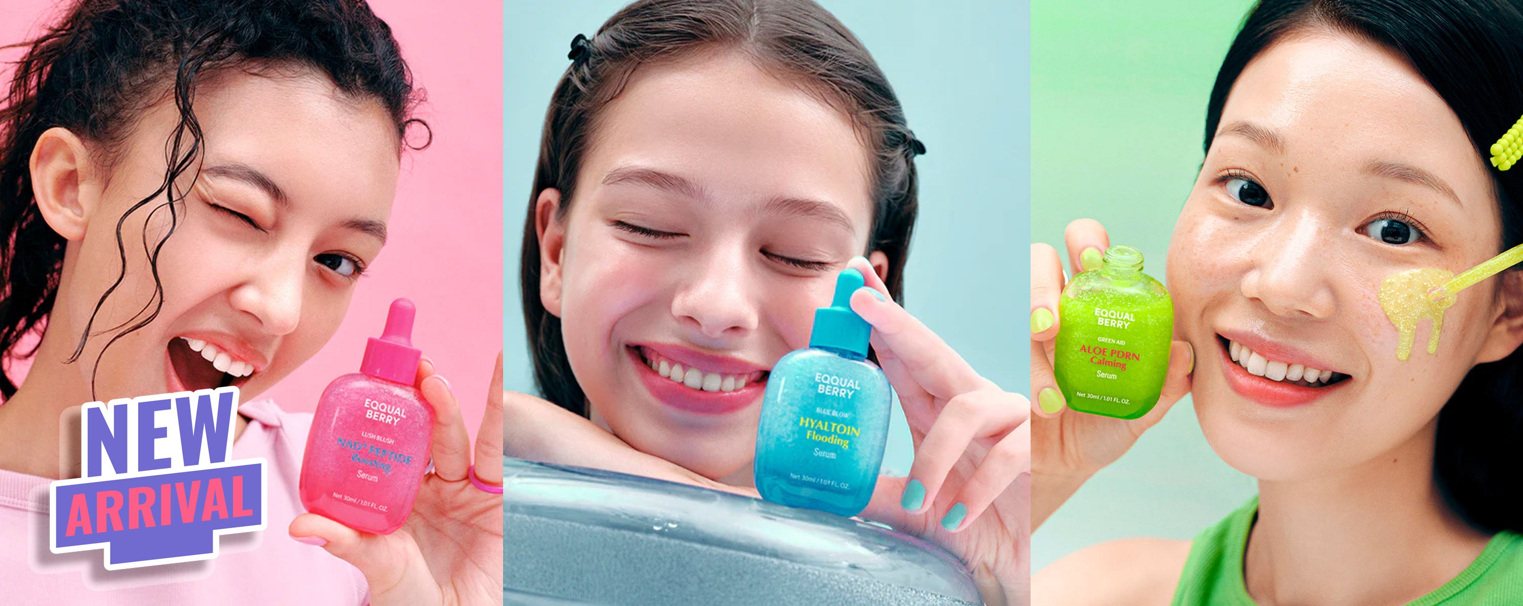 Three women holding Eqqualberry Serums skincare products with a 'New Arrival' banner.