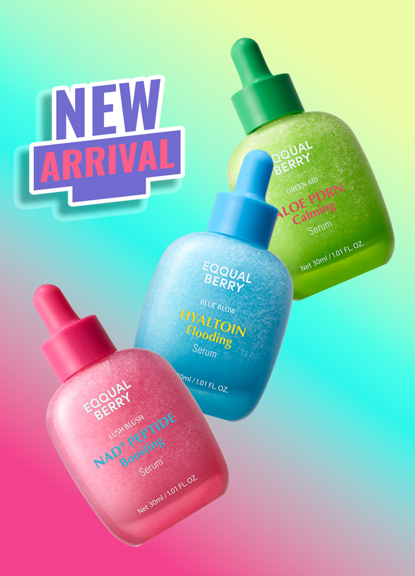Three Eqqualberry Serums with colorful labels on a gradient background, featuring 'New Arrival' text.
