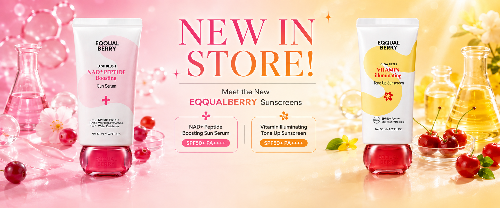 Two Eqqualberry skincare tubes, NAD+ Peptide Boosting Sun Serum and Vitamin Illuminating Tinted Sunscreen, displayed on a bright pink and yellow gradient background with cherry and glass bottle props.