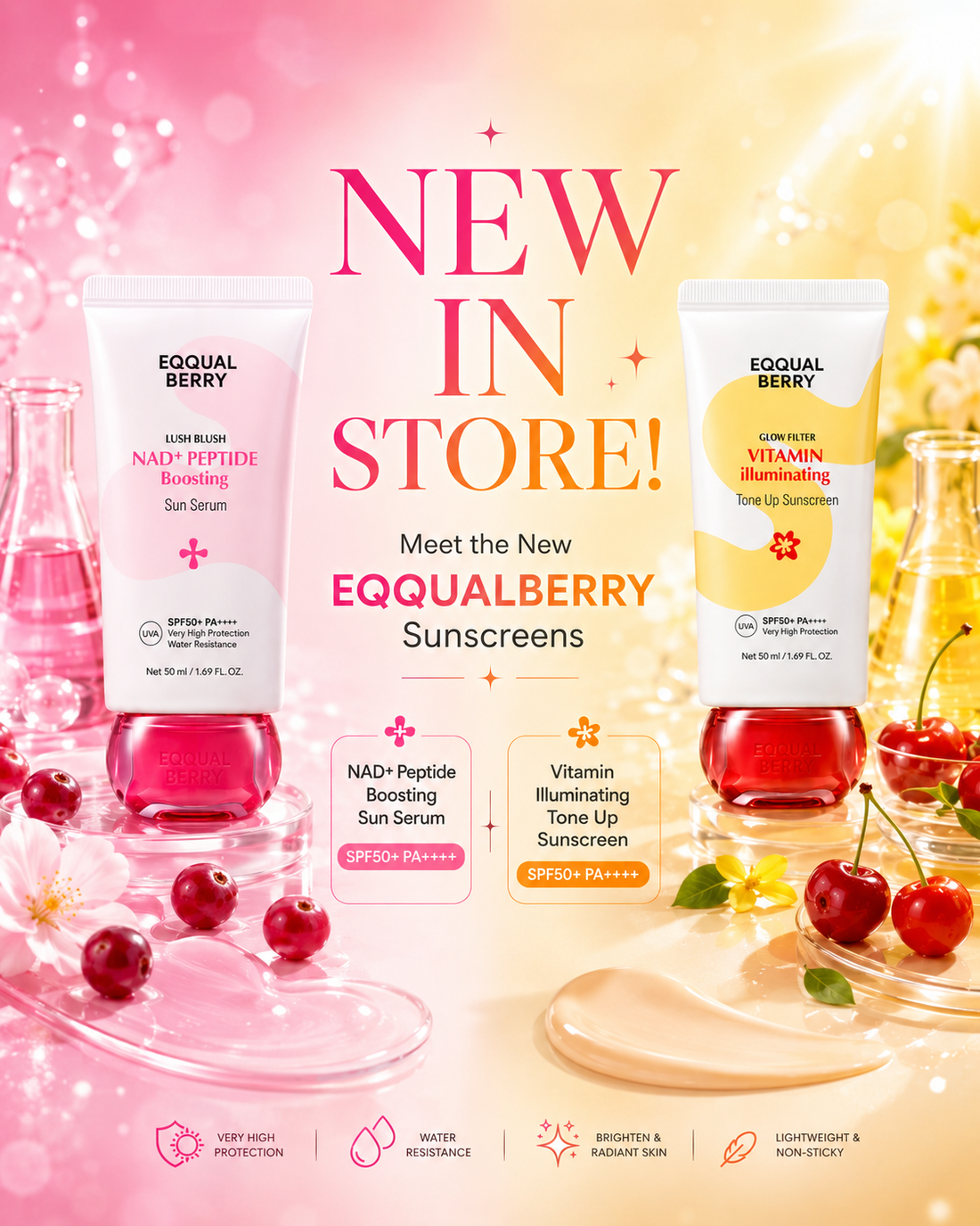 Two Eqquualberry branded sunscreen tubes displayed in a bright, pink and yellow promotional setup with cherries, glassware, and large text reading 'NEW IN STORE!' and 'Meet the New Eququalberry Sunscreens.'.