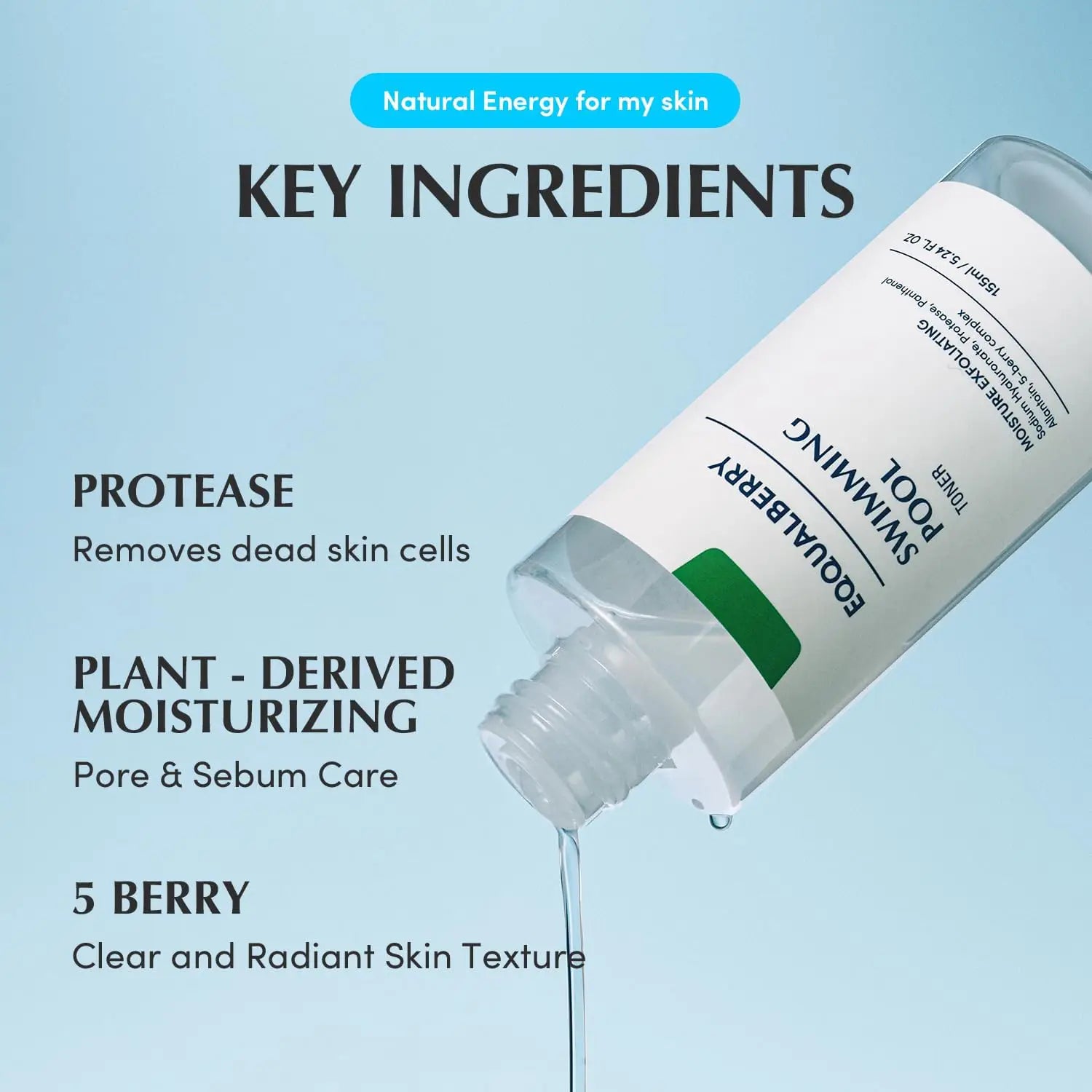 Eqqualberry Swimming Pool Toner with key ingredients listed on a light blue background