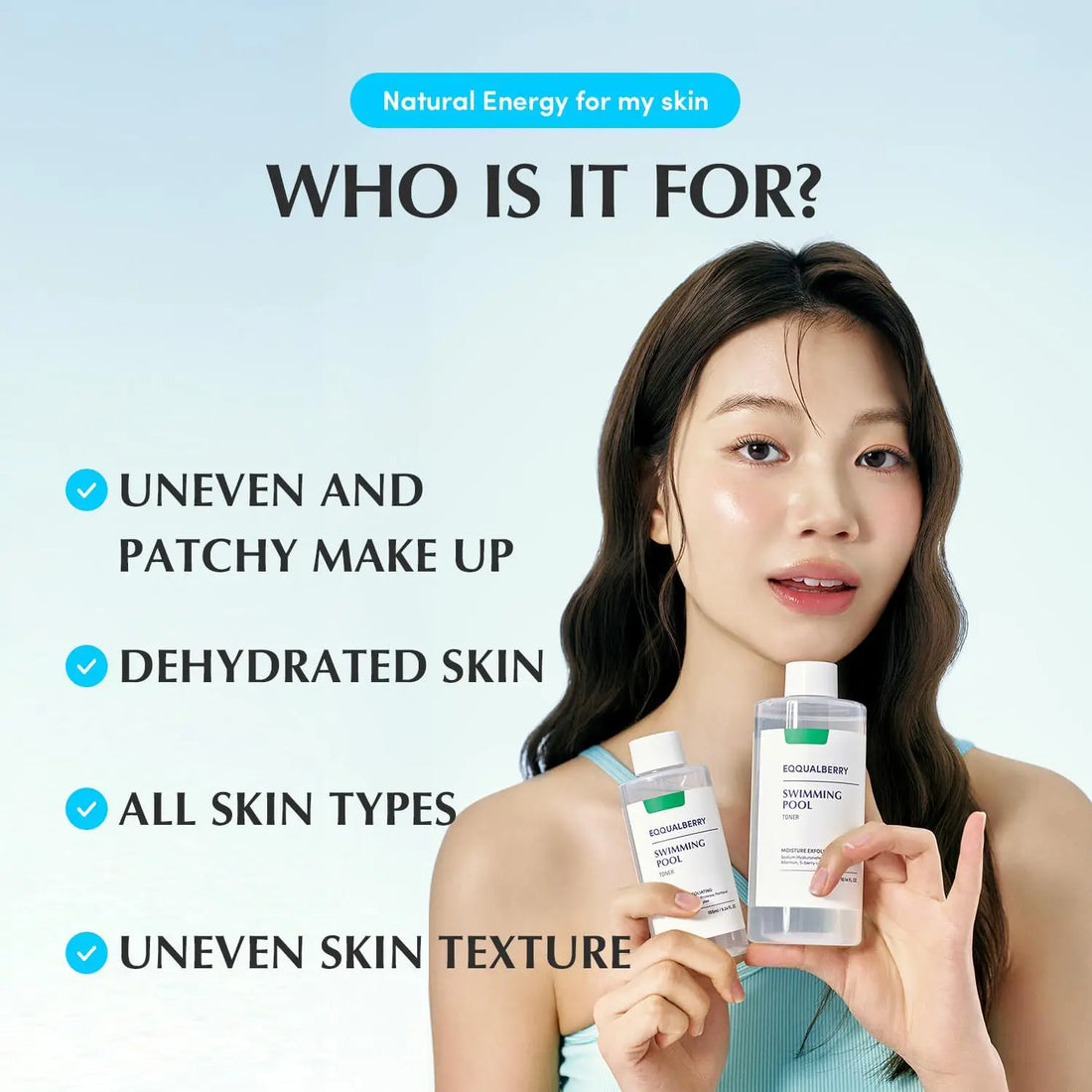 Woman holding skincare products with text about skin issues and product use.