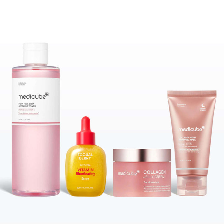 Even Tone & Elasticity Care Set featuring a toner, serum, collagen jelly cream, and night cream for brightening and hydrating skin.