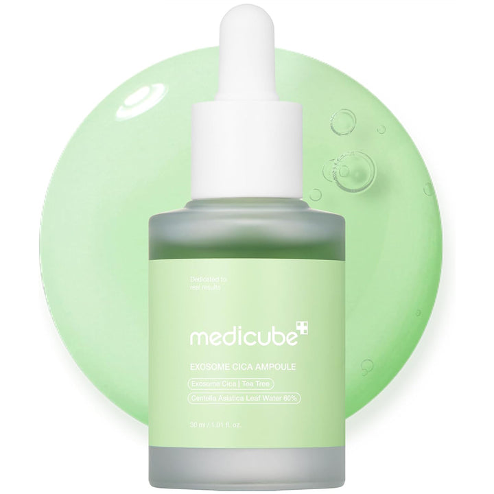 Medicube skincare product with dropper on a light green background