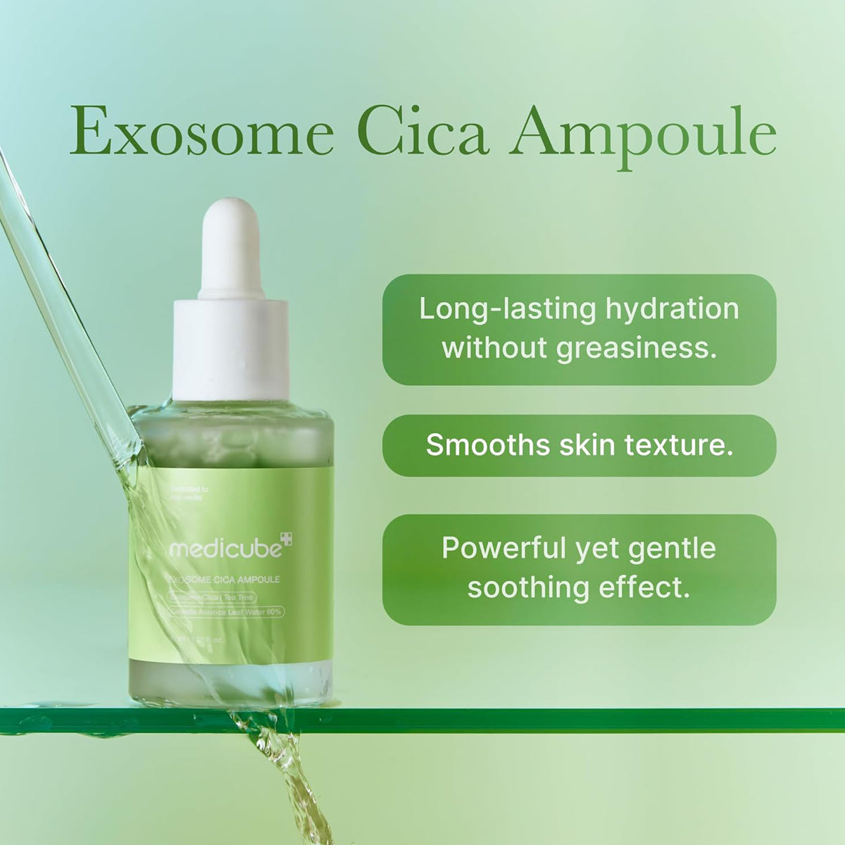 Exosome Cica Ampoule bottle with dropper on a green background
