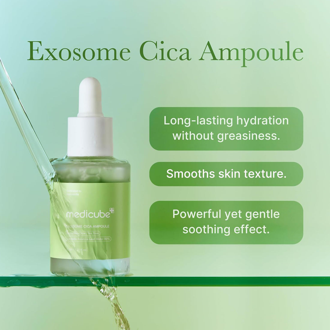 Exosome Cica Ampoule bottle with dropper on a green background