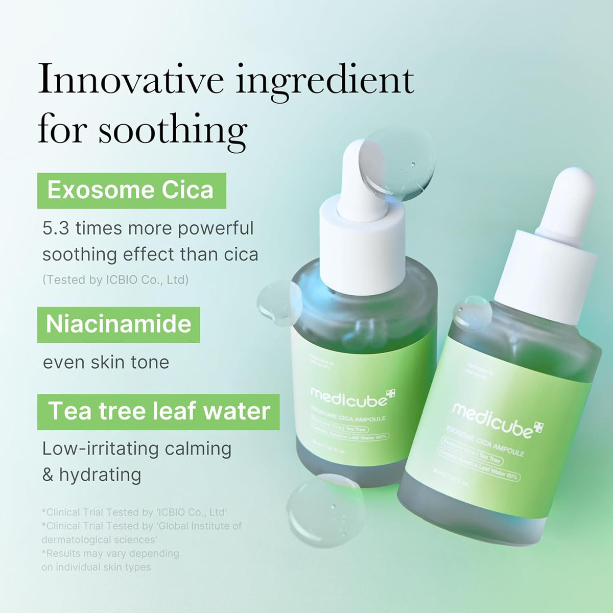 Two skincare droppers with green labels on a light green background, highlighting ingredients like Exosome Cica, Niacinamide, and Tea Tree Leaf Water.