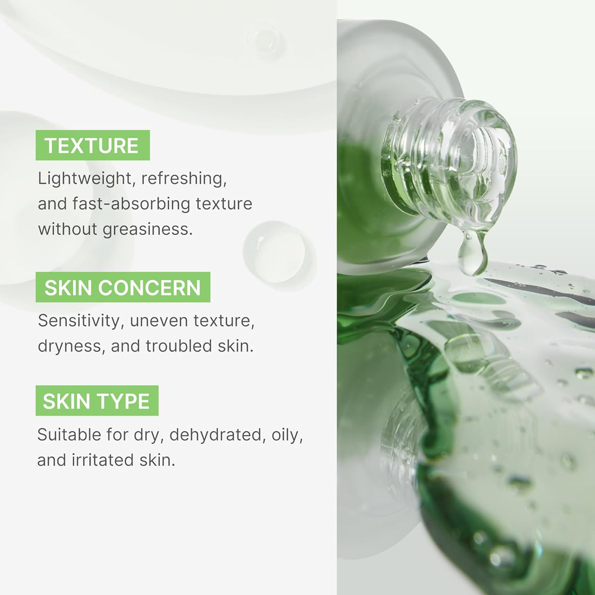 Product bottle with green liquid and text describing texture, skin concerns, and skin types.