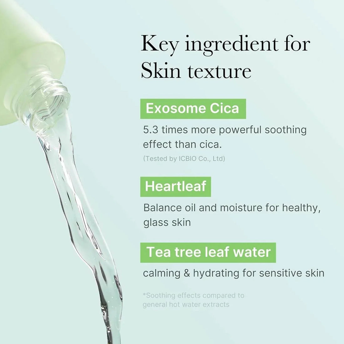 Product packaging with exosome cica, heartleaf, and tea tree leaf water text on a light blue background