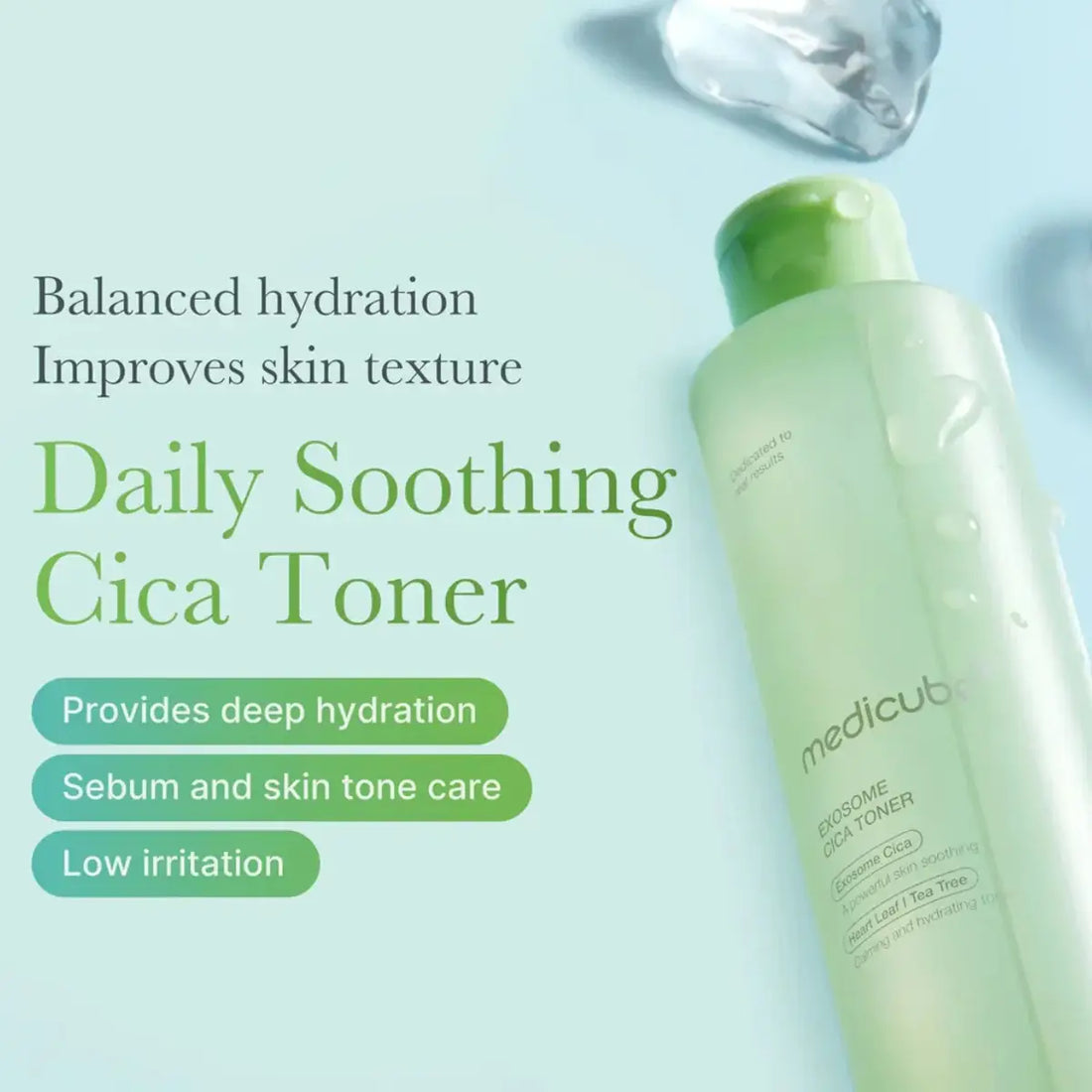 Green bottle of Daily Soothing Cica Toner with text on a light blue background