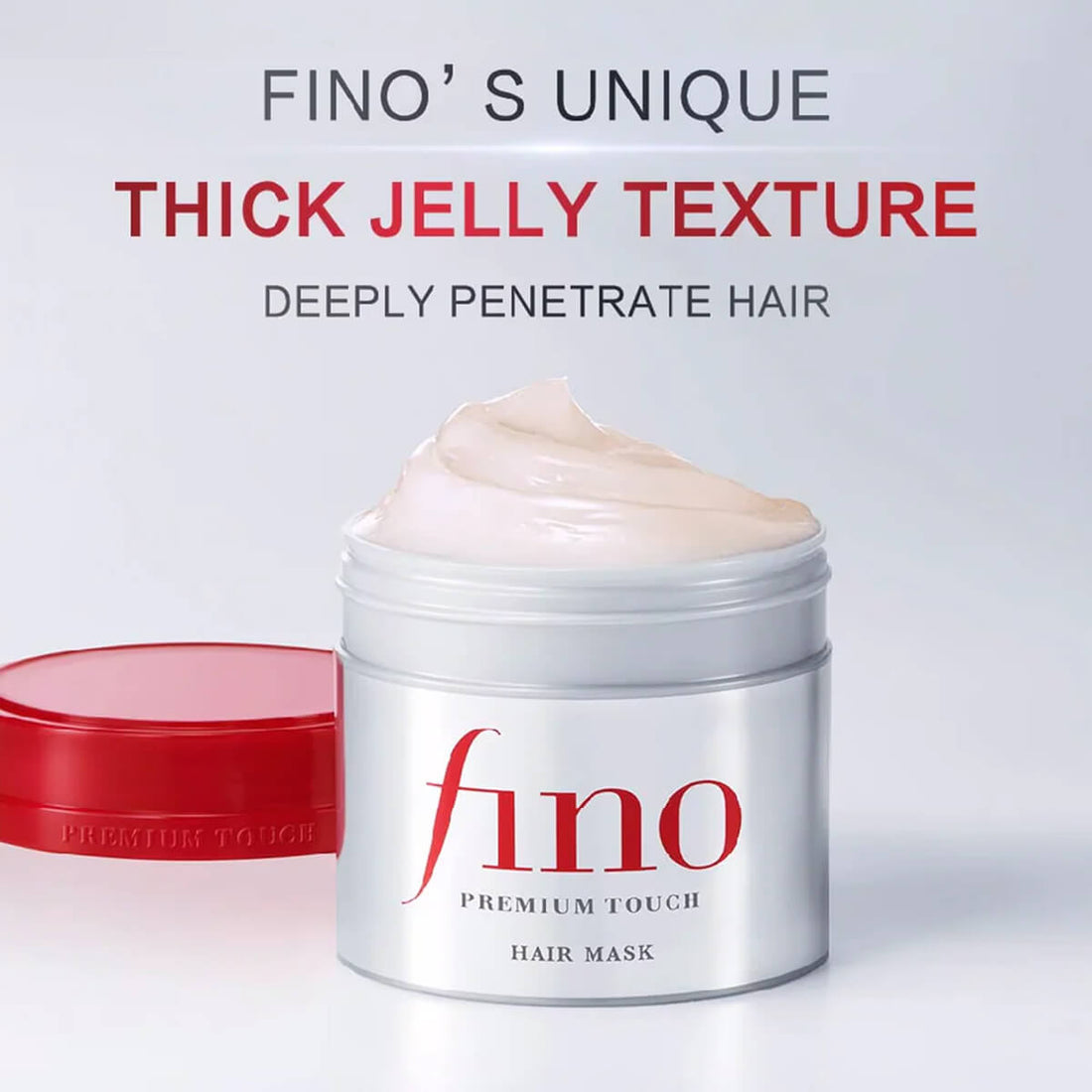 Fino hair mask jar with red lid on a light gray background