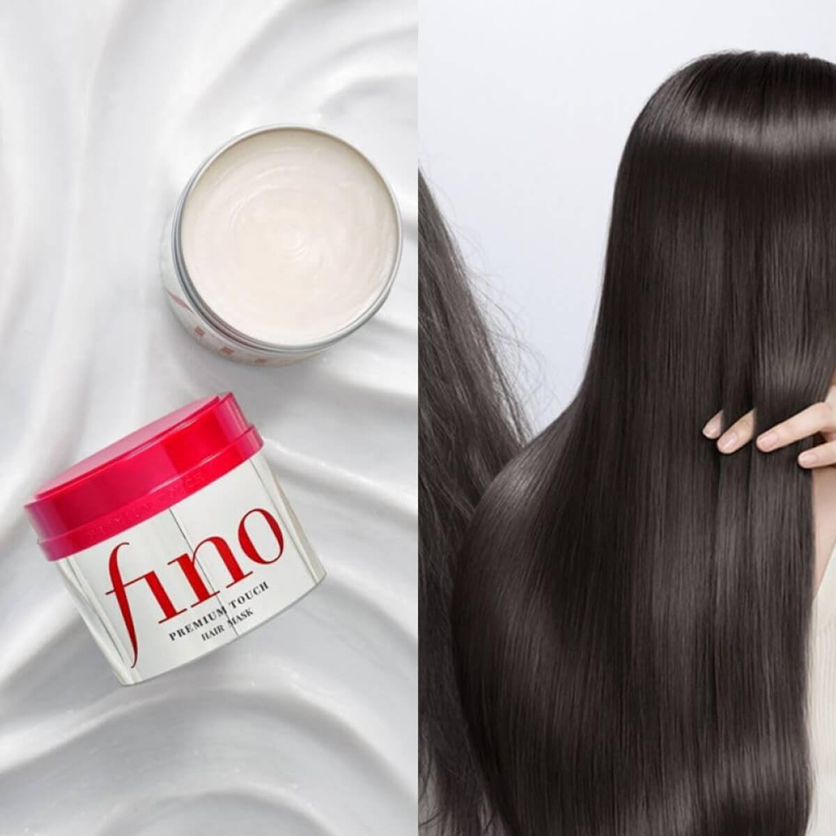 Fino hair mask jar with a person touching their straight hair on a white background