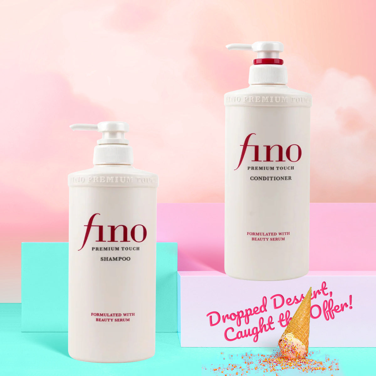 Two bottles of fino shampoo and conditioner on a colorful background with a promotional message.