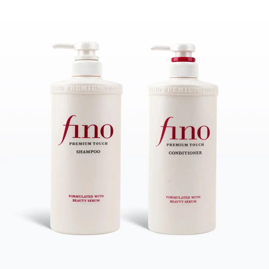 Two bottles of fino shampoo and conditioner on a white background
