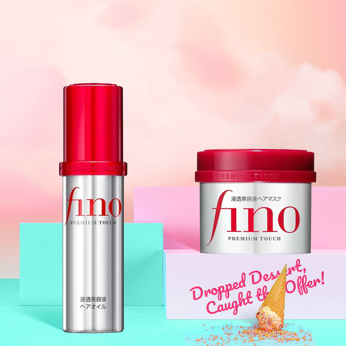 fino hair oil and hair mask with a promotional banner on a colorful background