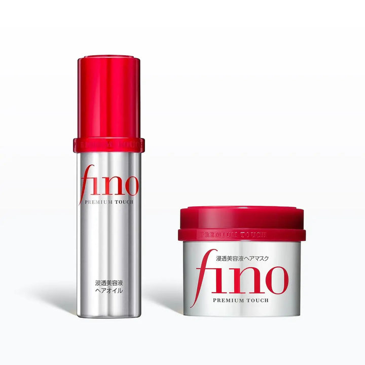Two 'fino' hair mask & hair oil on a white background