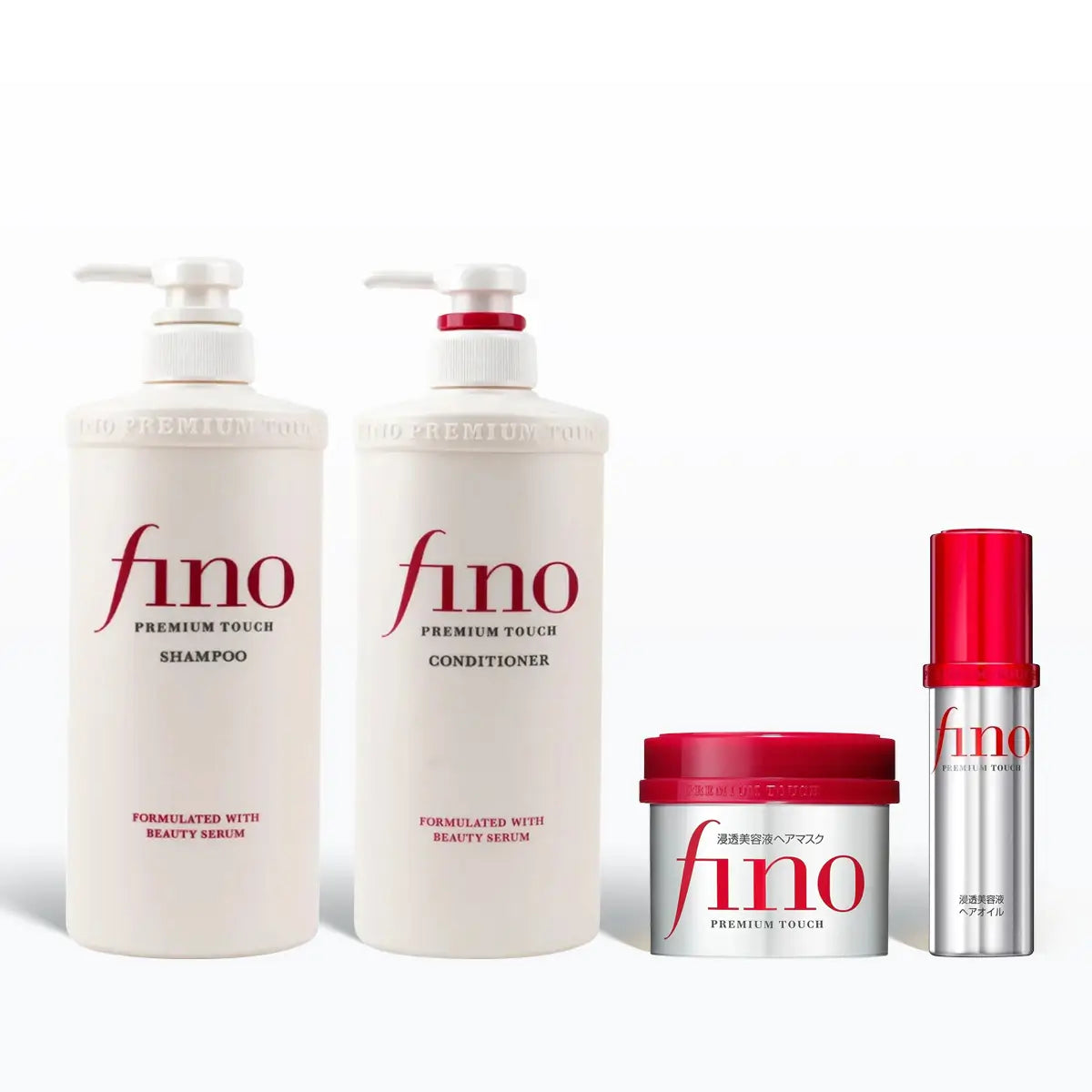 Fino Premium Hair care Bundle featuring shampoo, conditioner, hair mask, and oil for ultimate hair transformation.