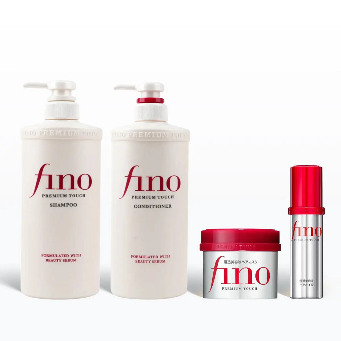 Fino hair care product set including shampoo, conditioner, mask, and oil on a white background