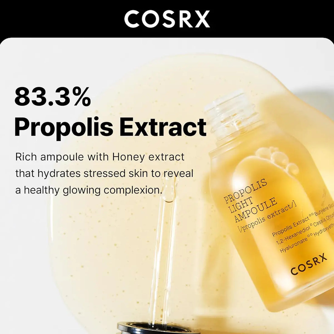 COSRX propolis light ampoule with text about propolis extract and honey extract benefits.