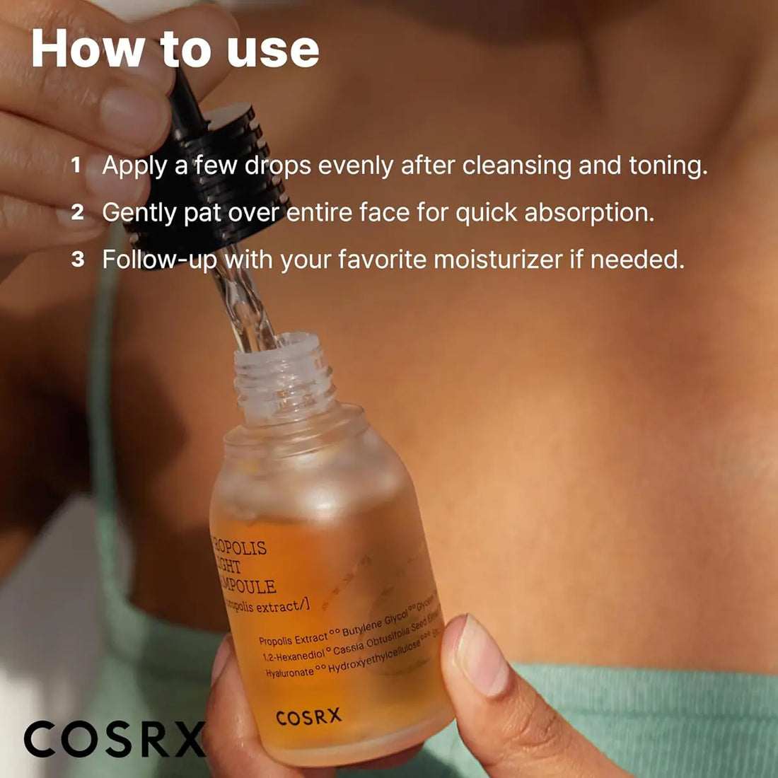 Cosrx skincare product with dropper and usage instructions on a blurred background
